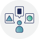 Icon of one figure and three shapes representing the CSF pillars in three speech bubbles 
