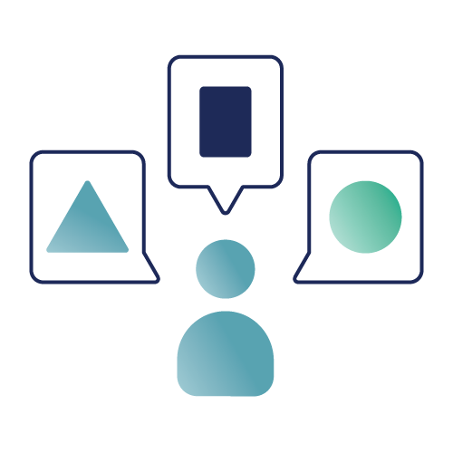 Icon of a figure and three speech bubbles with circle, triangle, and rectangle