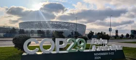 COP29 sign in front of stadium in Baku, Azerbaijan