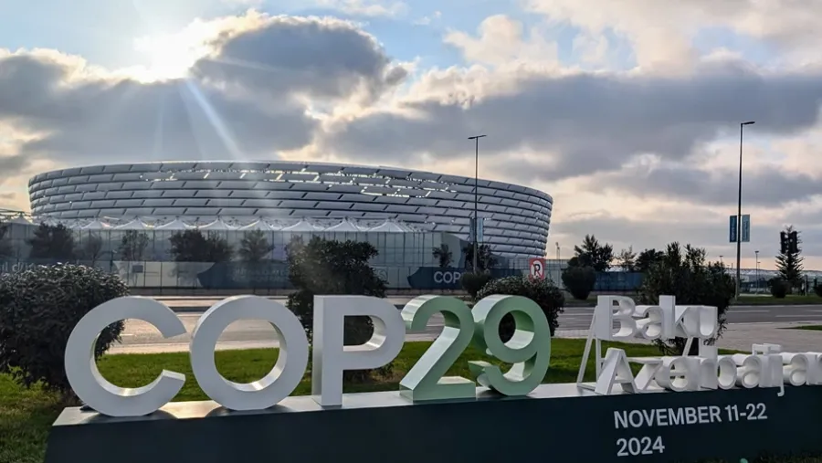 COP29 sign in front of stadium in Baku, Azerbaijan